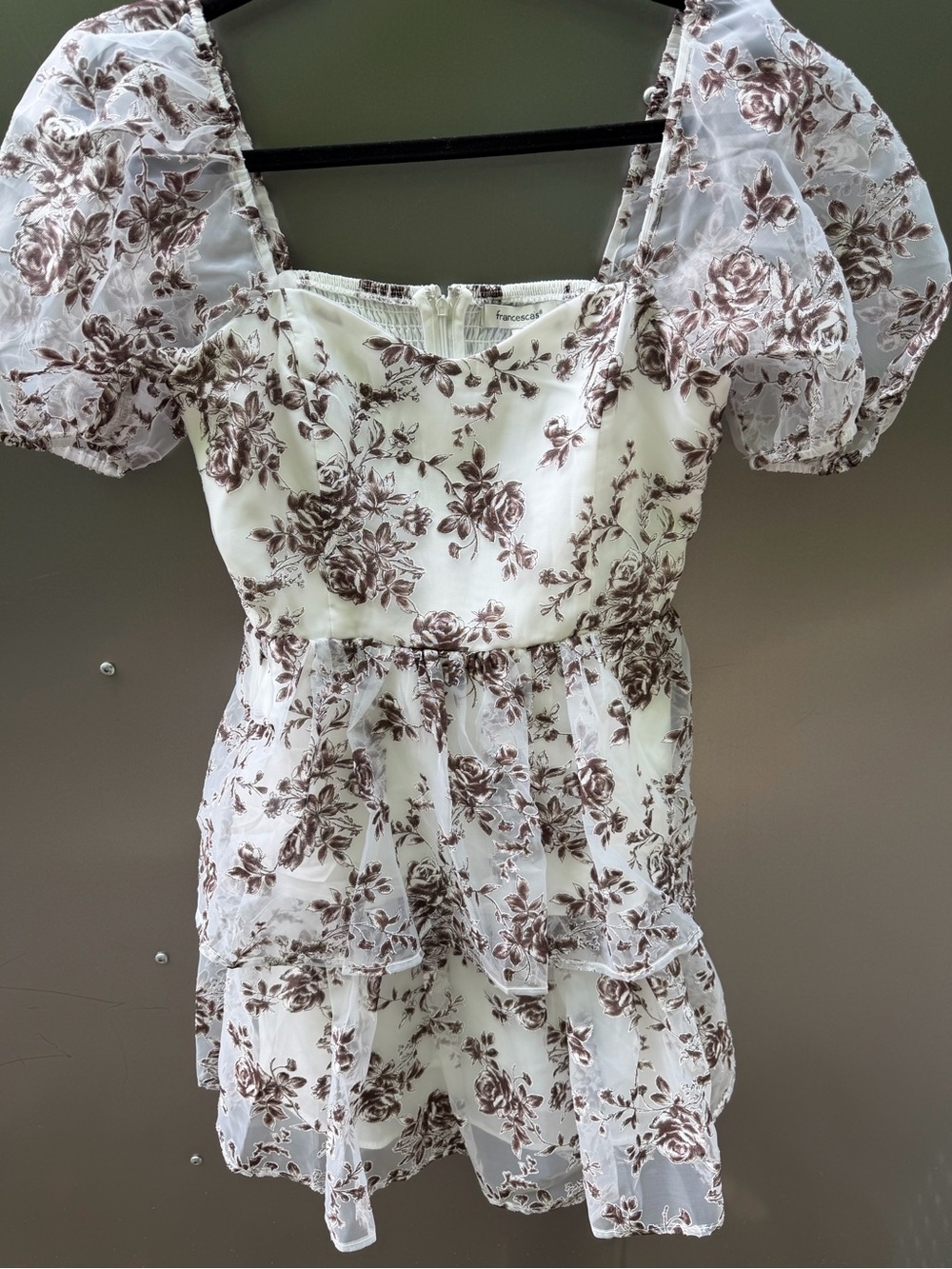 Francesca's Collections White and Brown Floral Puff-Sleeve Mini Dress
